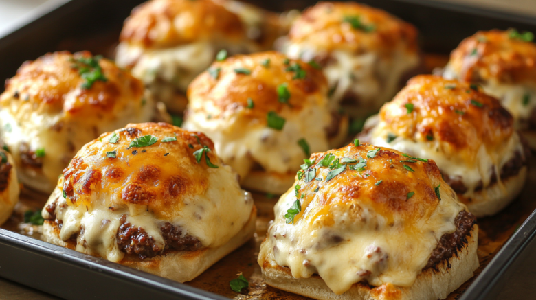 Cheesy oven-baked sliders on a baking tray.