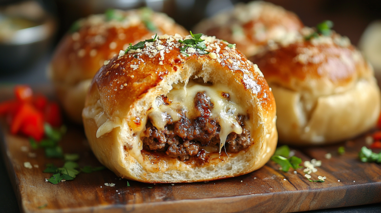 Cheesy ground beef buns on wooden board.