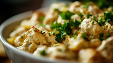 Creamy potato salad with fresh herbs in bowl.