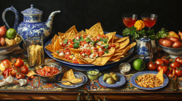 Colorful spread with nachos and fresh ingredients.