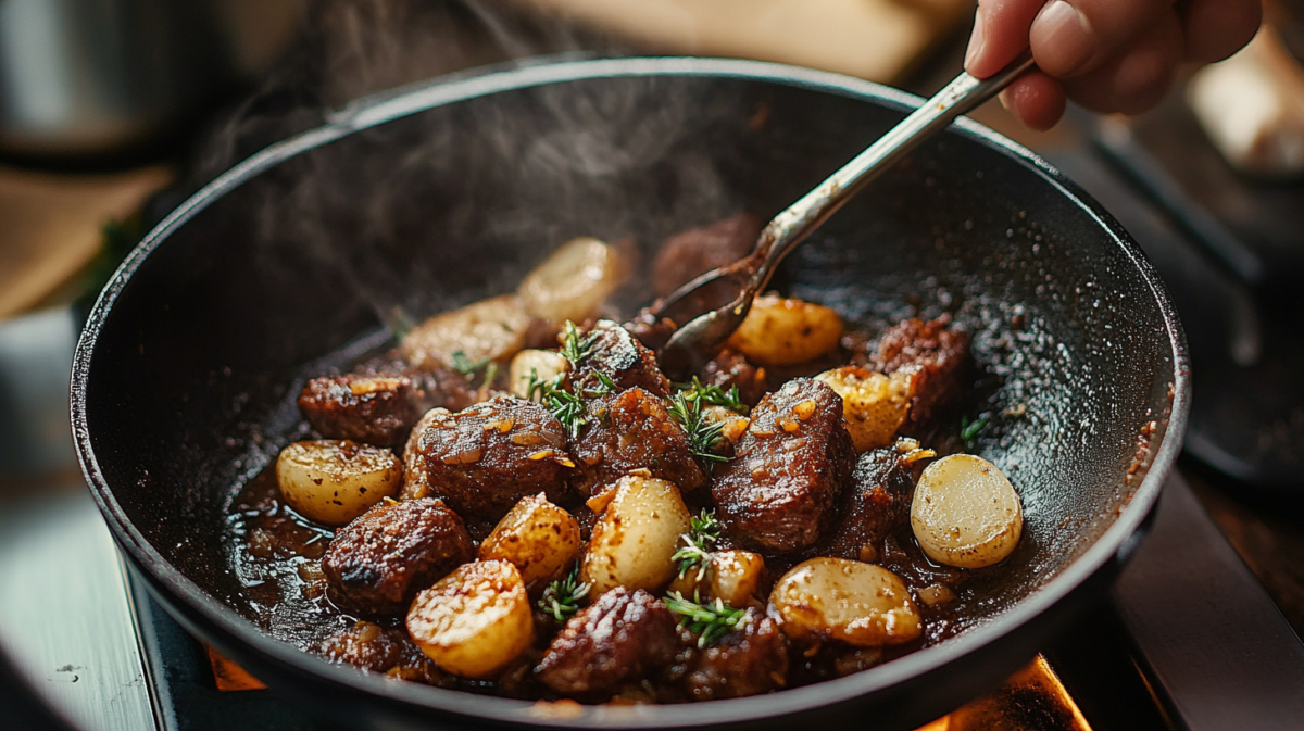 Cooking beef stew with potatoes and herbs