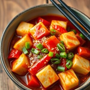 Spicy tofu stew with vegetables and green onions.