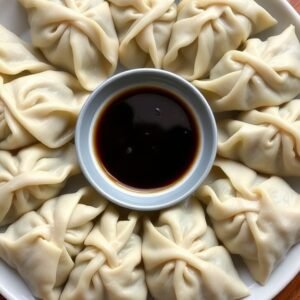 Plate of dumplings with soy sauce.