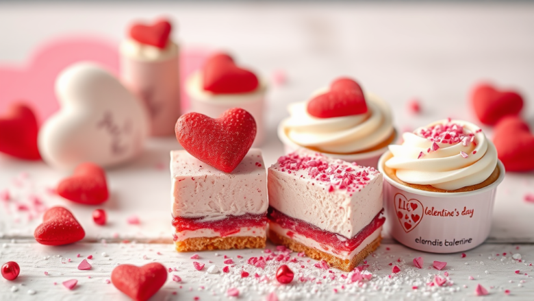 Valentine's Day desserts with heart decorations.