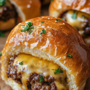 Cheesy slider buns with beef and parsley garnish.