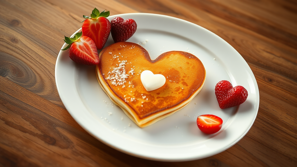 Heart-shaped pancake with fresh strawberries on plate.