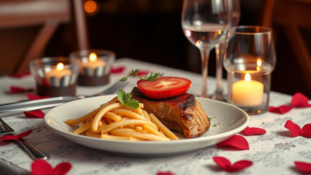 Romantic dinner with salmon, candles, and wine.