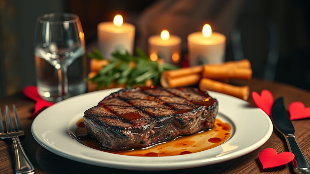 Romantic dinner table with steak and candles