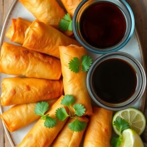 Spring rolls with dipping sauce and lime slices.