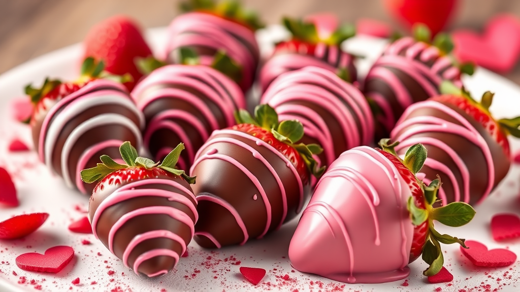 Chocolate-covered strawberries with pink drizzle and hearts.