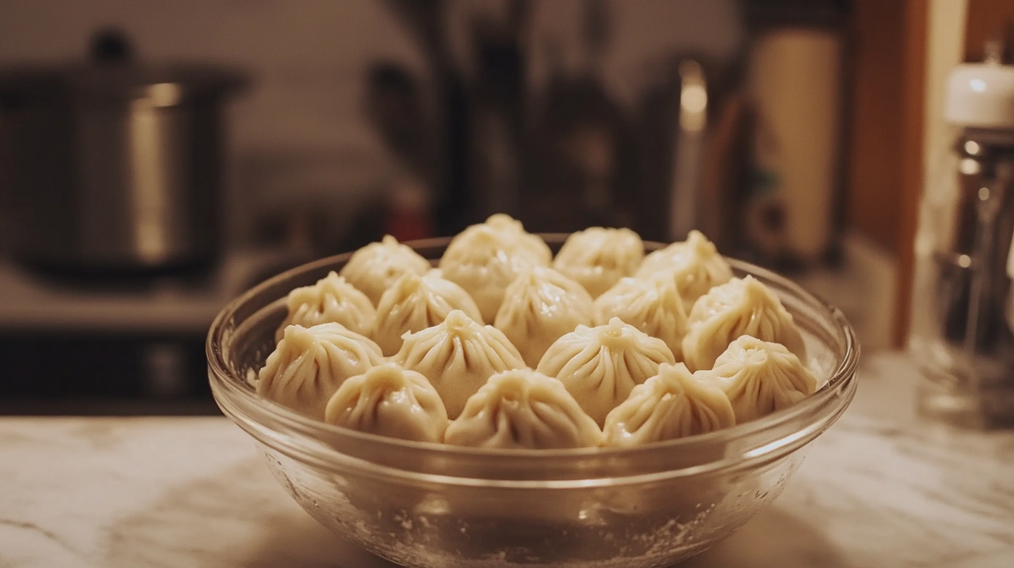 Bowl of steamed dumplings on table