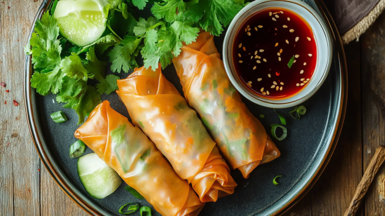 Vietnamese spring rolls with dipping sauce and greens